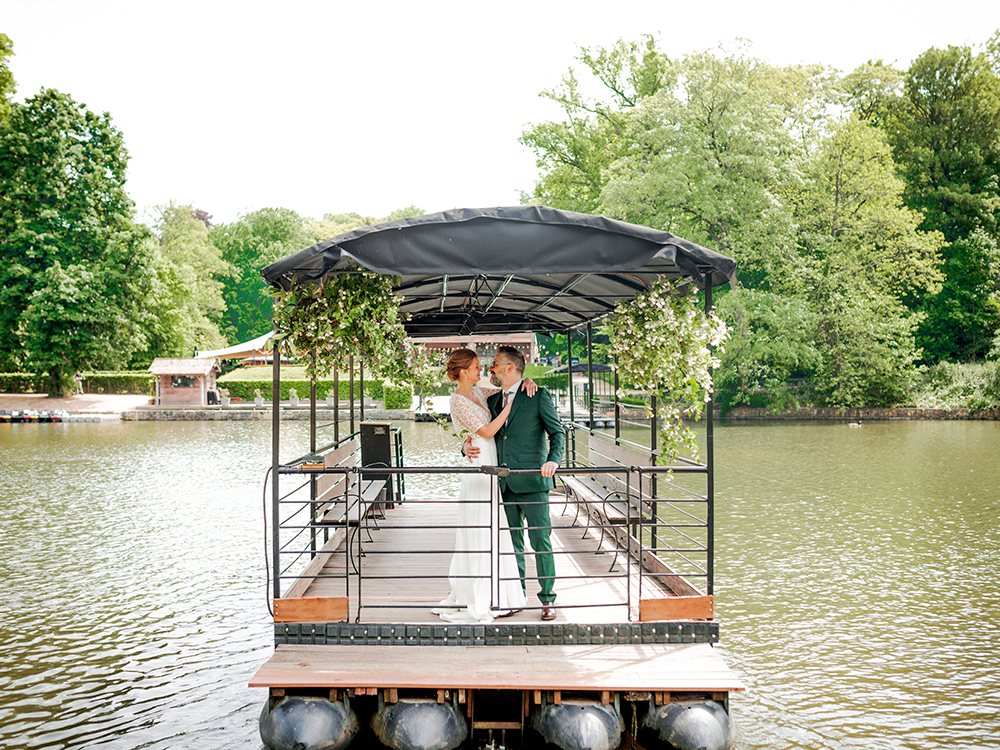 Wedding Couple Boat Chalet Robinson Lake Spring