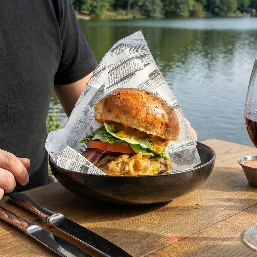 Chalet Robinson Wednesday Burger wine table lake